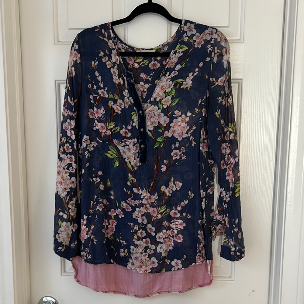 Soft Surroundings Blue and Pink Long Sleeve Blouse